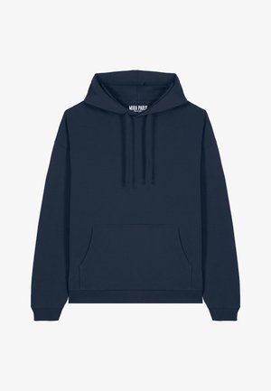 Námornícky modrá mikina s kapucňou vyrobená z jemného materiálu, s prednou vreckom a rebrovanými manžetami a lemom. Jednoduchý dizajn s nastaviteľnými šnúrkami.
