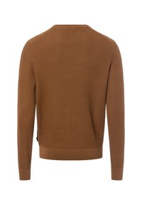 Brauner gestrickter Pullover mit strukturiertem Muster, Rundhalsausschnitt und langen Ärmeln. Verfügt über einen enganliegenden Bund und Ärmelbündchen.