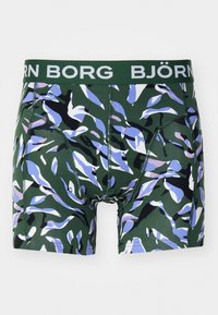 Zöld terepmintás boxeralsó világoskék és fekete részletekkel, fehér elasztikus derékpánttal, amelyen a "BJÖRN BORG" felirat található.