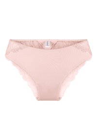 Hellrosa Unterwäsche mit Spitzenbesatz entlang des Bunds, gezackten Kanten und einem glatten, dehnbaren Stoff. Etikett hinten sichtbar.