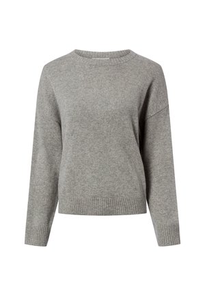 Pull en maille gris clair à manches longues, poignets et ourlet côtelés, avec un col rond, présenté sur fond blanc.