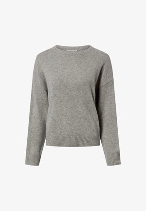 Hellgrauer Strickpullover mit langen Ärmeln, gerippten Bündchen und Saum sowie Rundhalsausschnitt, gezeigt auf weißem Hintergrund.