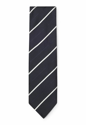 Marineblauer Schlips mit diagonalen weißen Streifen. Texturiertes Gewebe, schlanke Form, spitze Spitze. Sauberes Design, geeignet für formelle Anlässe.