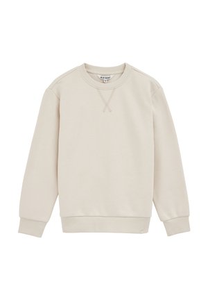 Felpa beige realizzata in tessuto morbido, con collo rotondo, polsini a costine e un dettaglio a punto croce sul davanti.
