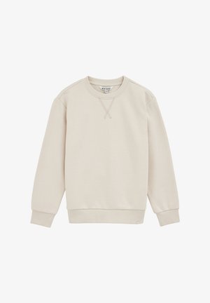 Bežinis megztinis, pagamintas iš minkštos medžiagos, su apvalia iškirpte, raštuotomis rankovėmis ir kryžminiu siuvimo elementu priekyje.