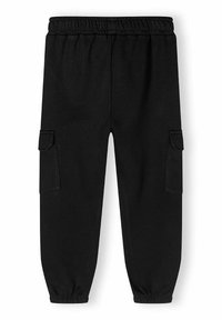 Zwarte joggingbroek van zacht materiaal, met een elastische tailleband, ribgebreide boorden en twee zijzakken.