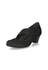 Black suede pump with a rounded toe, small block heel, and an adjustable strap featuring a circular buckle detail.