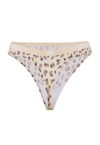 Beige blomsterblondertruse med hvit innerfor. Har rosa og blå rose mønstre og en myk midjebånd med logo detaljer.