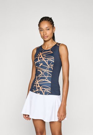 Navy athletic tank top featuring an abstract orange pattern, combined with a white flared skirt. Fabric is smooth with a fitted design.
