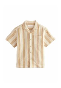 Chemise à manches courtes à boutons couleur crème avec des rayures verticales jaunes et violettes. Dotée d'une poche poitrine et d'un col décontracté. Texture tissée.