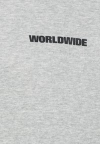 Lichtgrijze sweatshirt met gebogen zwarte tekst die "WORLDWIDE" in het bovenste gedeelte weergeeft. Zacht materiaal met een gladde textuur.