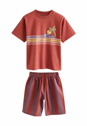 Red cotton t-shirt with a palm tree and wave graphic. Matching shorts with vertical red and purple stripes. Casual, relaxed fit.