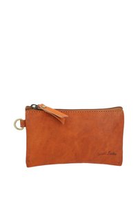 Brown leather zippered pouch with a small leather pull tab and metal ring on the side, plain background.