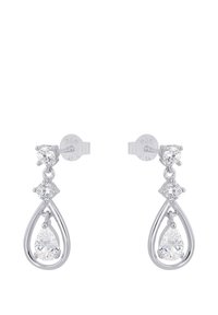 Orecchini pendenti in argento sterling con pietre trasparenti di forma rotonda e a goccia, caratterizzati da una struttura a goccia e chiusure a perno.