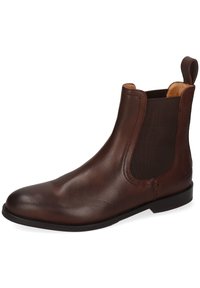 Braune Leder-Chelsea-Stiefel mit elastischem Seitenpaneel und Zuglasche, niedrigem Absatz und runder Schuhspitze auf weißem Hintergrund.