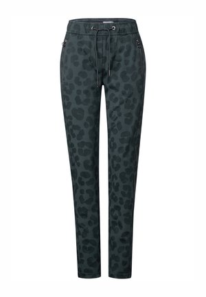 Pantalons jogger vert foncé en tissu doux, ornés d'un motif léopard, avec une taille élastique munie d'un cordon de serrage et des poches latérales zippées.