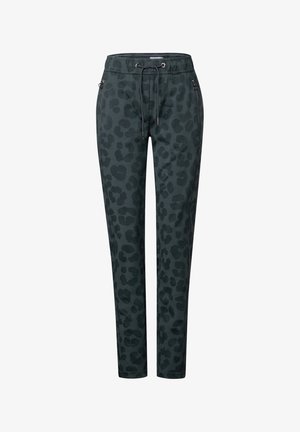 Dunkelgrüne Jogginghosen aus weichem Stoff, mit Leopardenmuster, elastischem Bund mit Kordelzug und seitlichen Reißverschlusstaschen.
