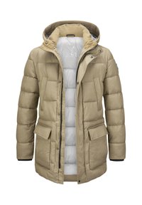 Beige gepolsterte Jacke mit Kapuze, ausgestattet mit zwei Fronttaschen, einem Reißverschluss und einem kontrastierenden hellgrauen Innenfutter.