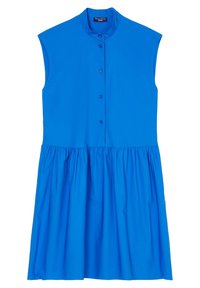 Abito blu senza maniche con apertura a bottoni, design senza colletto e vita arricciata. Realizzato in tessuto morbido con una silhouette fluida.