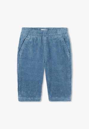 Shorts en velours côtelé bleu avec une surface texturée, dotés de deux poches latérales et d'une taille élastique pour plus de confort.