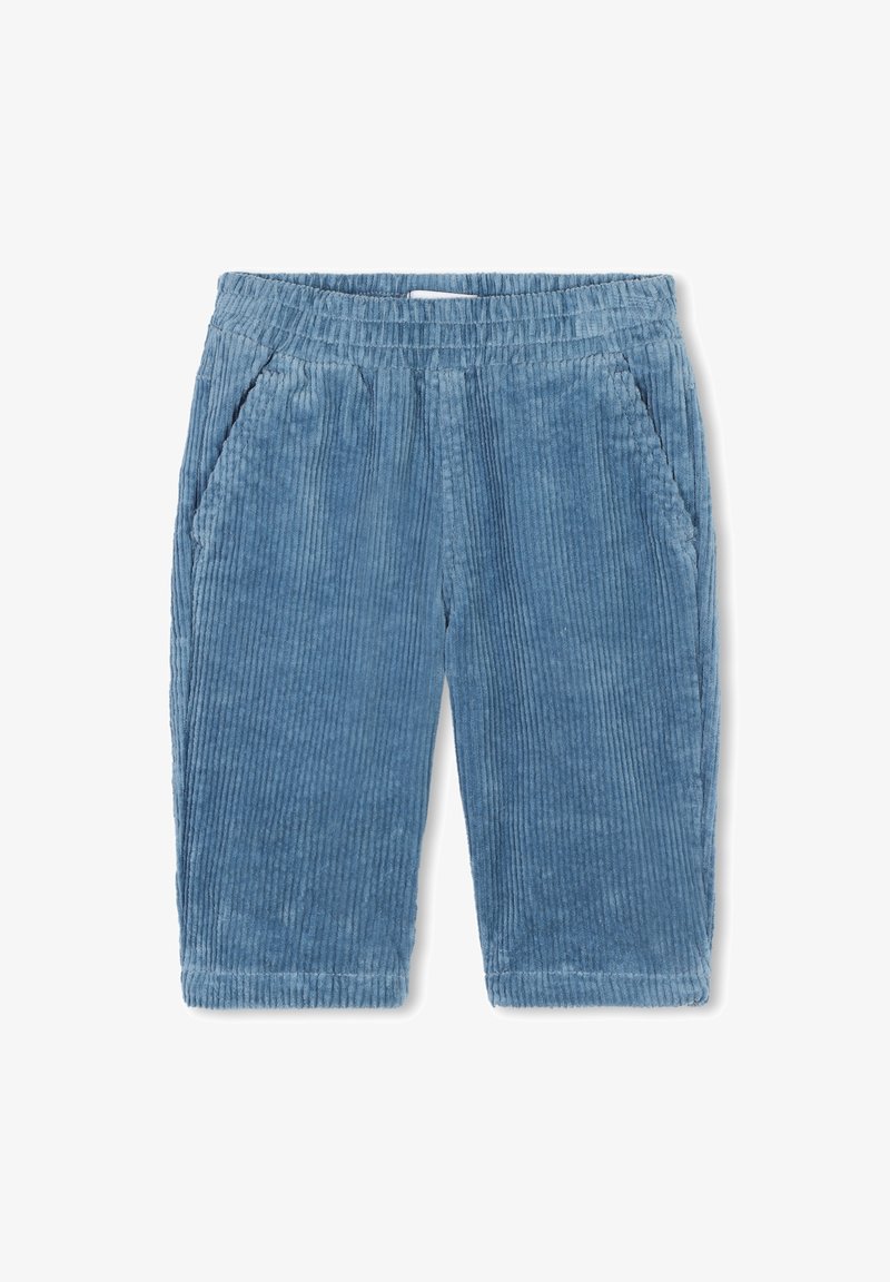 Shorts en velours côtelé bleu avec une surface texturée, dotés de deux poches latérales et d'une taille élastique pour plus de confort.