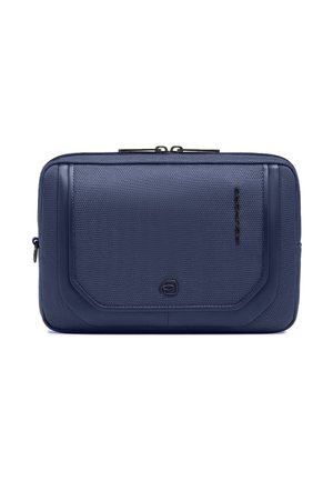 Pochette d'organisateur rectangulaire bleu marine avec tissu texturé, fermeture éclair sur le dessus, et logo noir au centre devant.