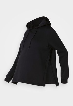 Black sweatshirt with a hood, featuring side slits and long sleeves. Made from soft fabric, it offers a relaxed fit for comfort.