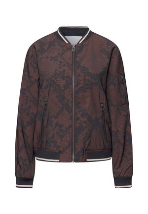 Veste bomber à motif peau de serpent marron et noir avec fermeture éclair avant, poches zippées, poignets côtelés et col et ourlet rayés.
