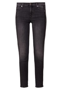 Czarne dopasowane dżinsy wykonane z denimu, z klasycznym pięciopocketowym wzorem, szytymi detalami i lekko wybledzonym wykończeniem.