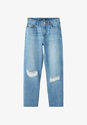 Hellblaue Denim-Jeans mit geraden Beinen und absichtlich aufgerissenen Stellen an beiden Knien, ausgestattet mit Fünf-Taschen-Design und Knopfverschluss.