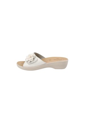 Sandalo zeppa bianco con punta aperta e suola imbottita, con un motivo floreale decorativo sulla fascia larga.
