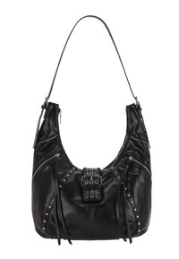 Schwarze Lederschultertasche mit silbernen Beschlägen, ausgestattet mit mehreren Reißverschlusstaschen, Nietenakzenten und dekorativen Fransen.