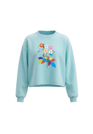 Lyseblå sweatshirt med lange ærmer med et farverigt broderet blomsterdesign i midten og ribkanter ved ærmer og hals.
