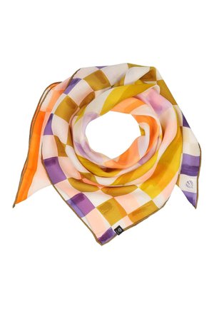 Square scarf with a multicolor checkered pattern in shades of orange, purple, beige, and mustard yellow, loosely folded.