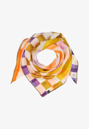 Square scarf with a multicolor checkered pattern in shades of orange, purple, beige, and mustard yellow, loosely folded.