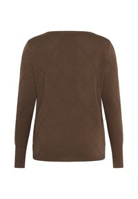 Pull marron à manches longues avec un motif matelassé en losanges, vu de dos sur fond blanc.