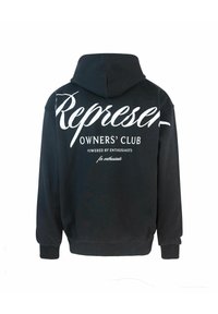 Felpa nera con cappuccio in cotone, caratterizzata da un grande logo bianco sul retro. Ha un cappuccio con coulisse e polsini a costine.