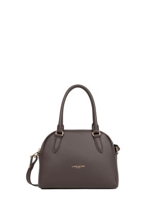 Dark brown leather handbag with two handles and a detachable shoulder strap, featuring gold-tone hardware and Lancaster Paris logo.