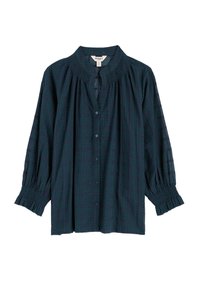 Tmavomodrá kockovaná blúzka so zelenými pruhmi, s riaseným golierom a manžetami, s gombíkovým zapínaním a trištvrťovými puff rukávmi.