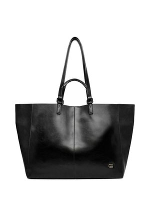 Bolso tote de cuero negro con asas dobles, acabado liso y un pequeño logotipo metálico en la parte inferior derecha.