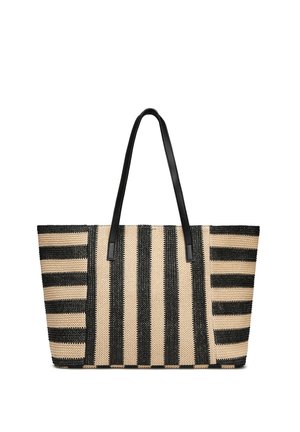 Large woven tote bag with alternating vertical and horizontal black and beige stripes and two long black handles.