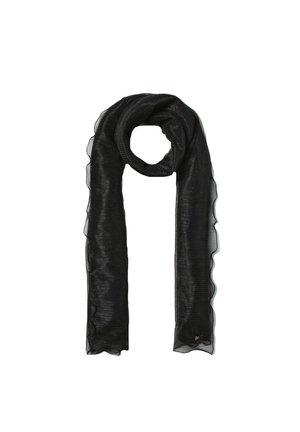 Écharpe noire transparente avec une texture côtelée horizontale subtile et des bords délicatement froufroutants, présentée à plat avec une boucle au centre.