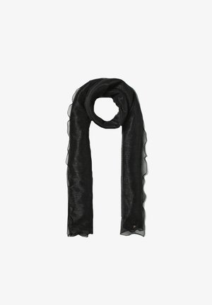 Écharpe noire transparente avec une texture côtelée horizontale subtile et des bords délicatement froufroutants, présentée à plat avec une boucle au centre.