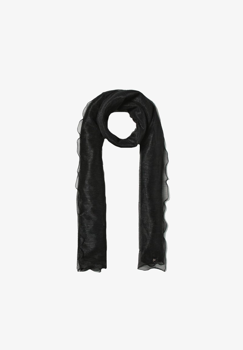 Écharpe noire transparente avec une texture côtelée horizontale subtile et des bords délicatement froufroutants, présentée à plat avec une boucle au centre.