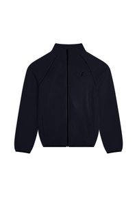 Giacca nera con zip e colletto alto, maniche raglan, due tasche laterali e un logo discreto sul lato sinistro. Tessuto dalla texture liscia.