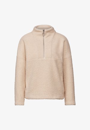 Crème fleece pullover met hoge kraag, halve zipper en een gestructureerde oppervlak. Heeft een gestructureerde pasvorm en lange mouwen.