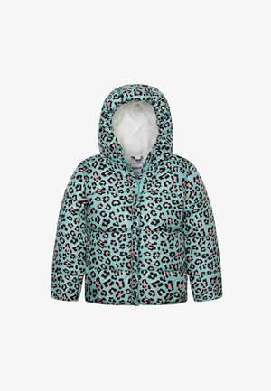 Padded jacket w jasnym miętowym kolorze z różowo-czarnym wzorem w panterkę. Posiada kaptur i zamek błyskawiczny z przodu, a także miękką podszewkę wewnętrzną.