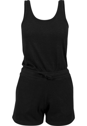 Combinaison noire sans manches avec encolure dégagée et taille élastique avec cordon, conçue pour un usage décontracté.