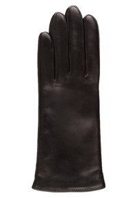 Schwarze Lederhandschuhe mit glatter Textur, fünf Fingern und genähten Details entlang der Nähte für eine maßgeschneiderte Passform.