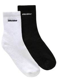 Crewlængde sokker i sort og hvid, lavet af bomuldsblanding. Har ribbede manchetter og broderet "Dickies" logo på hver sok.